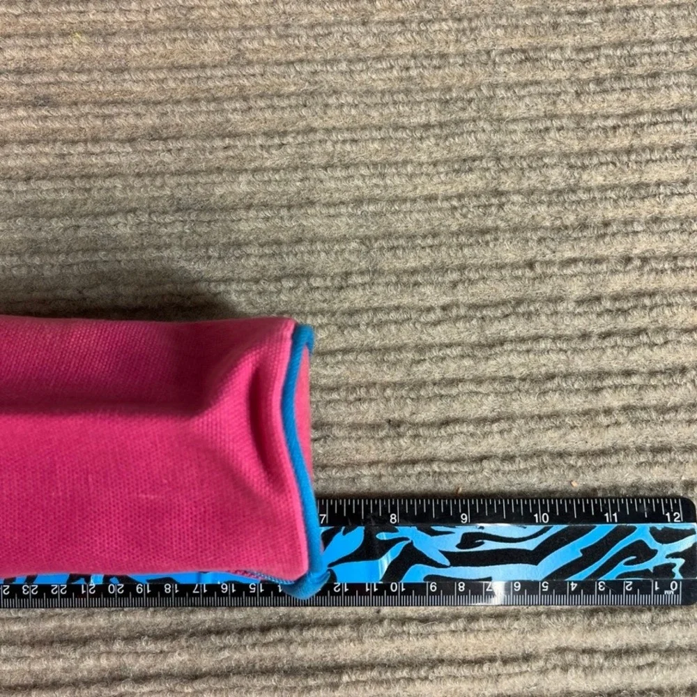 Lillian Vernon Pink Canvas Barrel Pencil Case Blue Trim Zipper Pouch Organizer